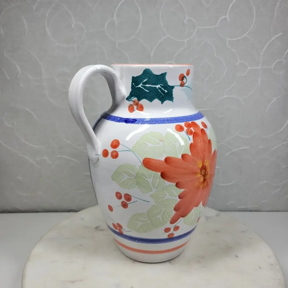 Pier 1 Italian Ceramic Pitcher Hand Painted Christmas Trees Floral Stars
